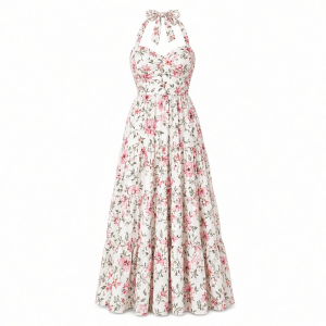 Tommy Hilfiger Women's Sleeveless Floral Halter Neck Tiered Skirt Maxi Dress