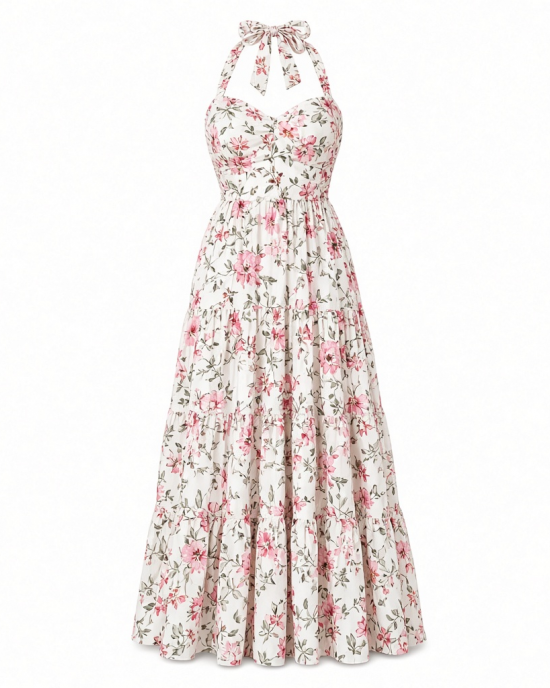 Tommy Hilfiger Women's Sleeveless Floral Halter Neck Tiered Skirt Maxi Dress