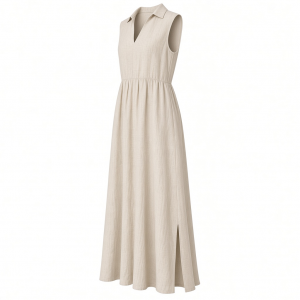 London Times Women's Women's Linen Maxi Dress, Collared V-Neck and Slits | Versatile Summer and Casual Dresses