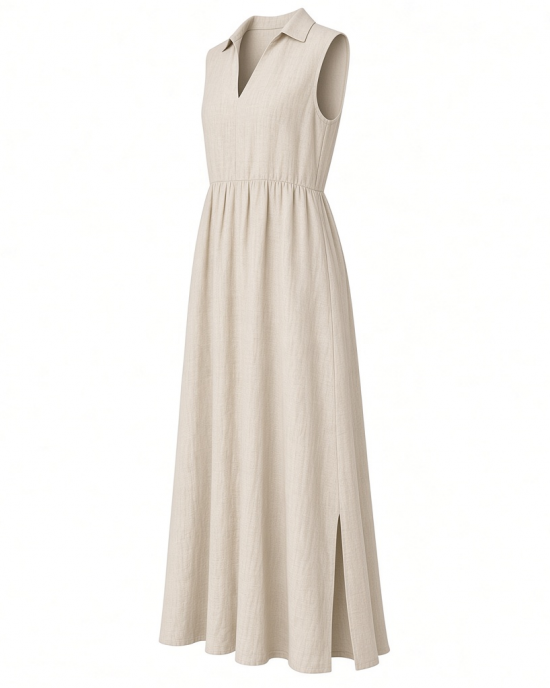 London Times Women's Women's Linen Maxi Dress, Collared V-Neck and Slits | Versatile Summer and Casual Dresses
