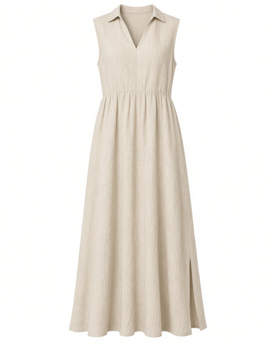London Times Women's Women's Linen Maxi Dress, Collared V-Neck and Slits | Versatile Summer and Casual Dresses