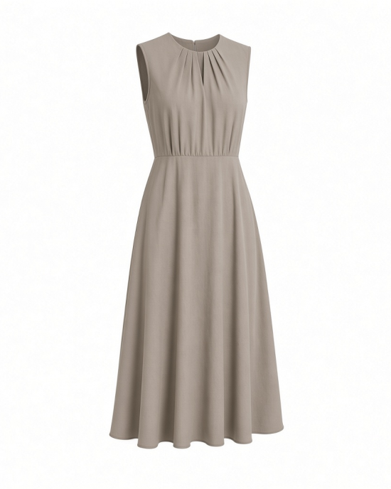 Calvin Klein Women's Sleeveless Pleat Neck Crepe A-line Midi Dress