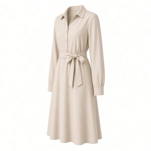 Calvin Klein Women's Long Sleeve Collared Neck Cotton Self Tie A-line Dress