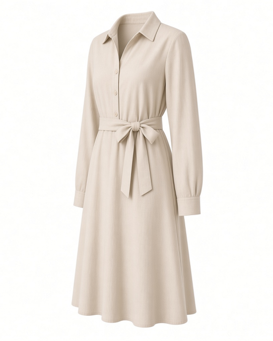 Calvin Klein Women's Long Sleeve Collared Neck Cotton Self Tie A-line Dress