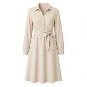 Calvin Klein Women's Long Sleeve Collared Neck Cotton Self Tie A-line Dress