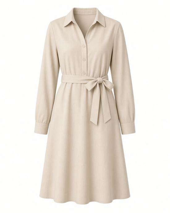 Calvin Klein Women's Long Sleeve Collared Neck Cotton Self Tie A-line Dress