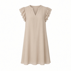 Essentials Women's Relaxed Fit Lightweight Georgette Split Neck Flutter Sleeve Shift Dress