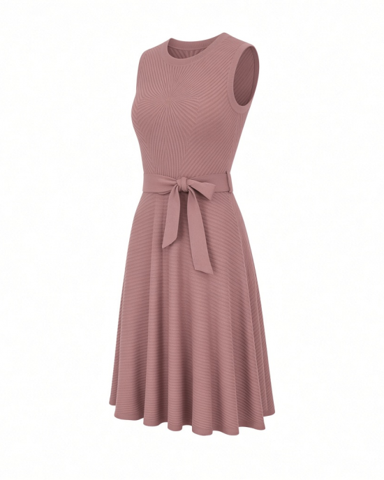 Tommy Hilfiger Women's Sleeveless Crew Neck Pinwheel Knit Belted Fit and Flare Dress